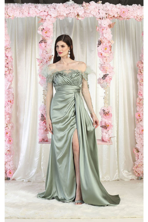 Off The Shoulder Long Sleeve Satin Evening Gown