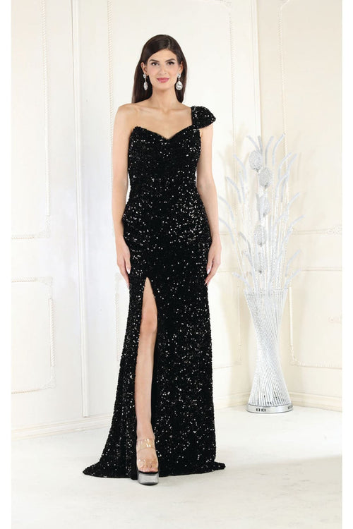 Royal Queen RQ8003 Stretch Sequin Velvet Sweep Train Long Prom Dress