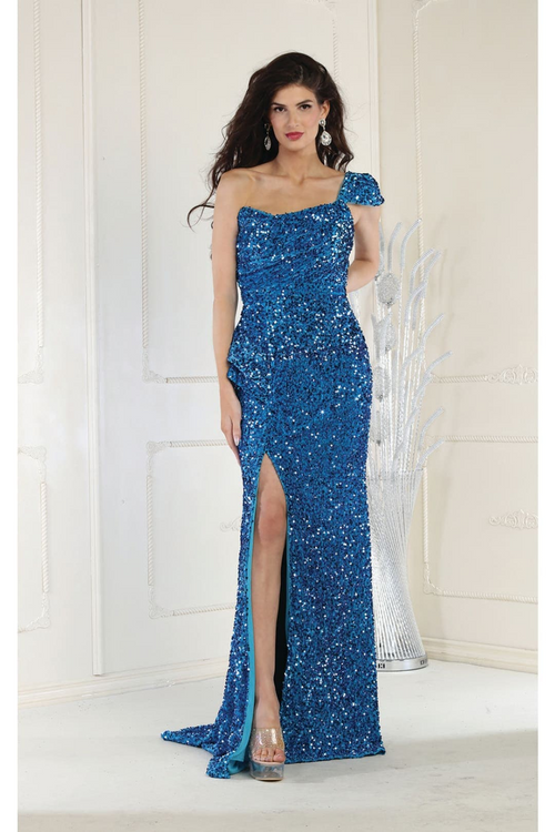 Royal Queen RQ8003 Stretch Sequin Velvet Sweep Train Long Prom Dress
