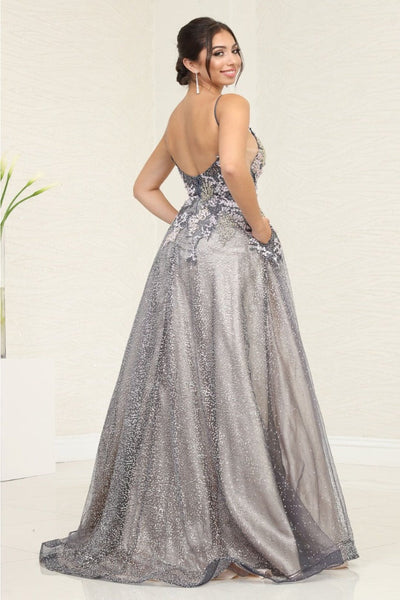 Royal Queen RQ8035 Plunging V-Neck Charcoal/ Nude A-Line Gala Gown