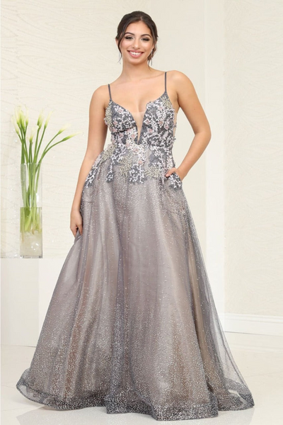 Royal Queen RQ8035 Plunging V-Neck Charcoal/ Nude A-Line Gala Gown
