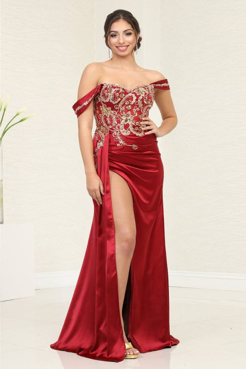 Royal Queen RQ8055 Off-Shoulder Cap Sleeve Beaded Pageant Gown