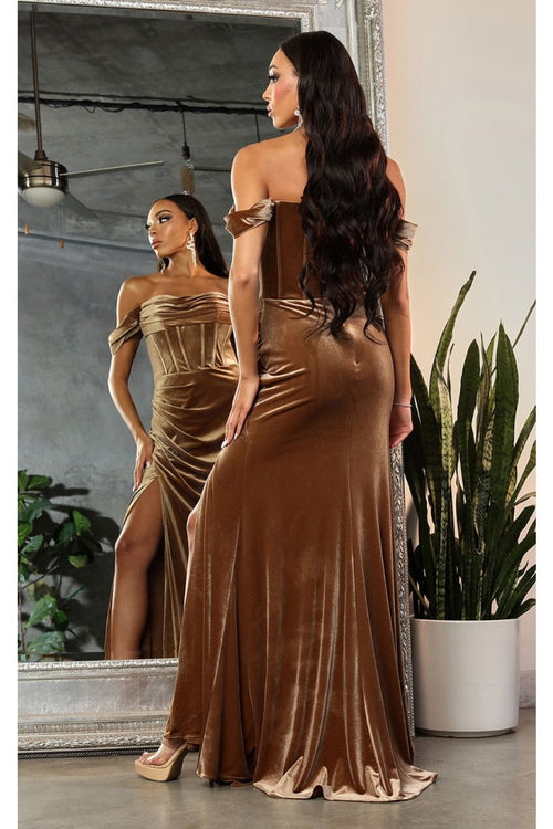 Off-Shoulder Velvet Corset Gown with High Slit Elegant Formal Prom by Royal Queen RQ8069