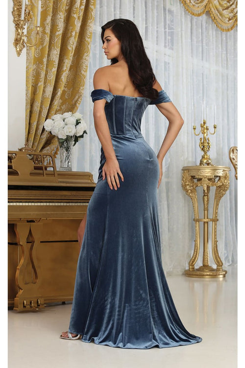 Off-Shoulder Velvet Corset Gown with High Slit Elegant Formal Prom by Royal Queen RQ8069