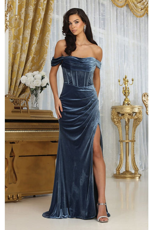 Off-Shoulder Velvet Corset Gown with High Slit Elegant Formal Prom by Royal Queen RQ8069