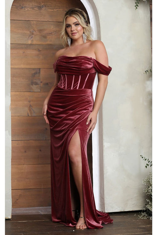 Off-Shoulder Velvet Corset Gown with High Slit Elegant Formal Prom by Royal Queen RQ8069