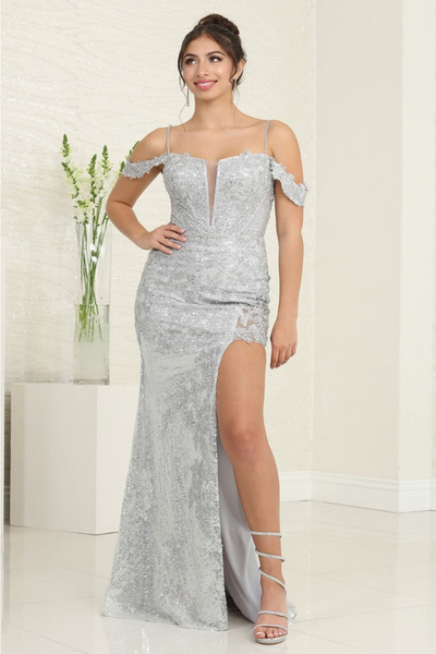 Royal Queen RQ8084 Silver Evening Dress Sequin High Slit Prom Gown