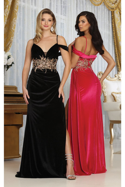 Royal Queen RQ8087 V-neck Spaghetti Straps Slit Velvet Prom Dress