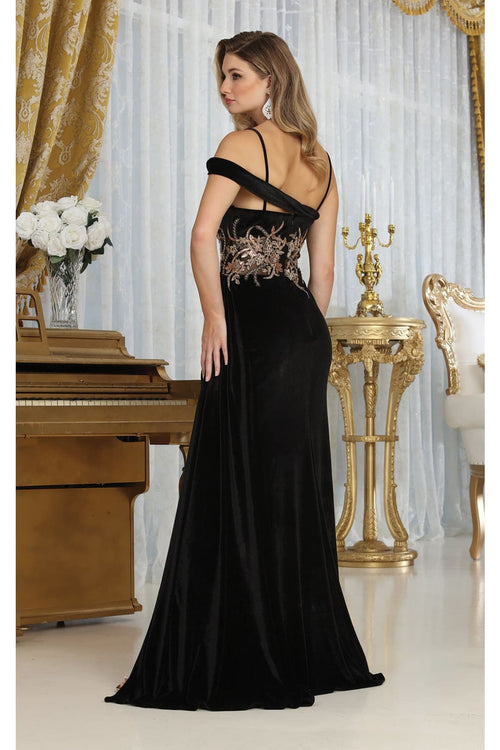 Royal Queen RQ8087 V-neck Spaghetti Straps Slit Velvet Prom Dress