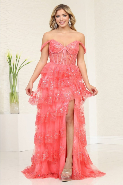 Royal Queen RQ8115 Off-Shoulder Ruffle Sheer Bodice Prom Gown