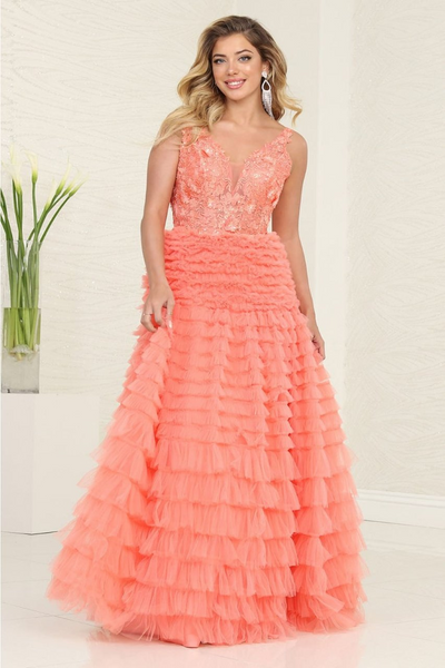 Royal Queen RQ8123 Floral Appliqué A-Line Tulle Prom Dress