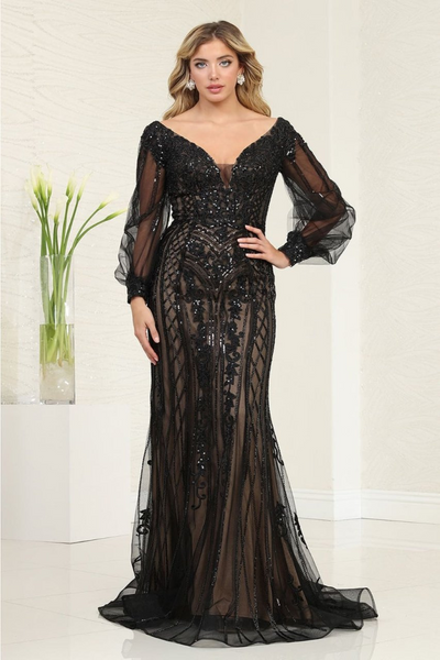 Royal Queen RQ8125 Sequin V-Neck Long Sleeve Evening Gown