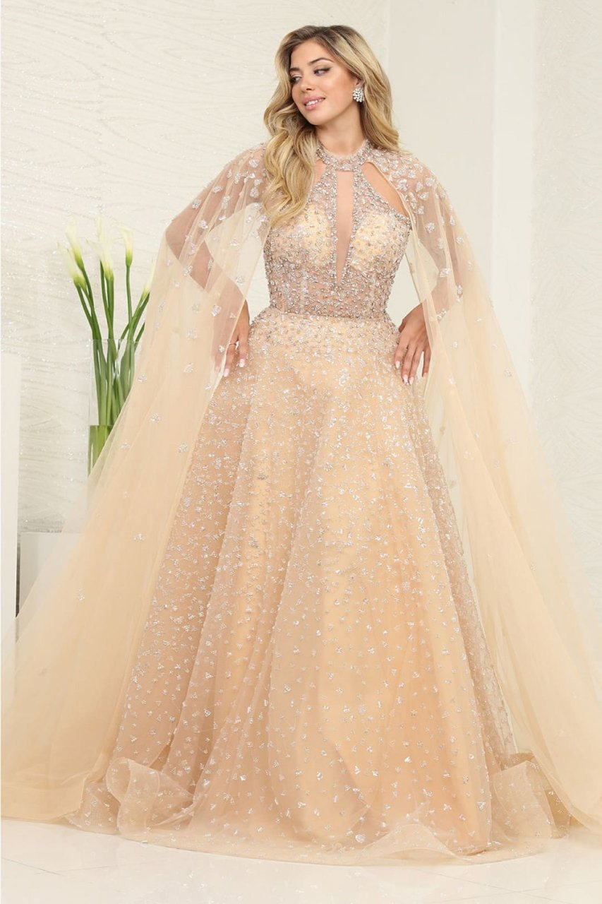Royal Queen RQ8133 Champagne Beaded Evening Dress with an Elegant Cape – SuitUSA