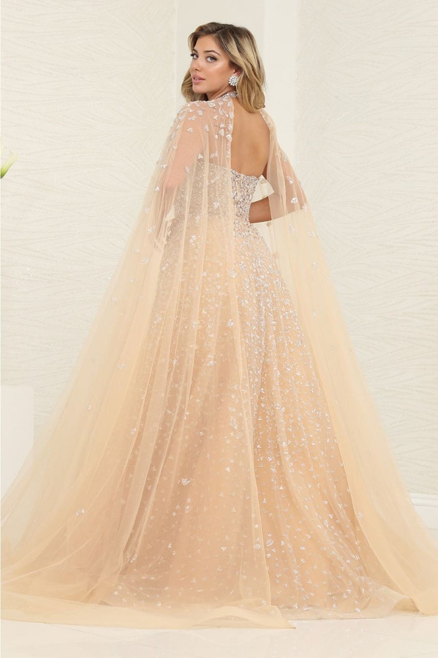 Royal Queen RQ8133 Champagne Beaded Evening Dress with an Elegant Cape