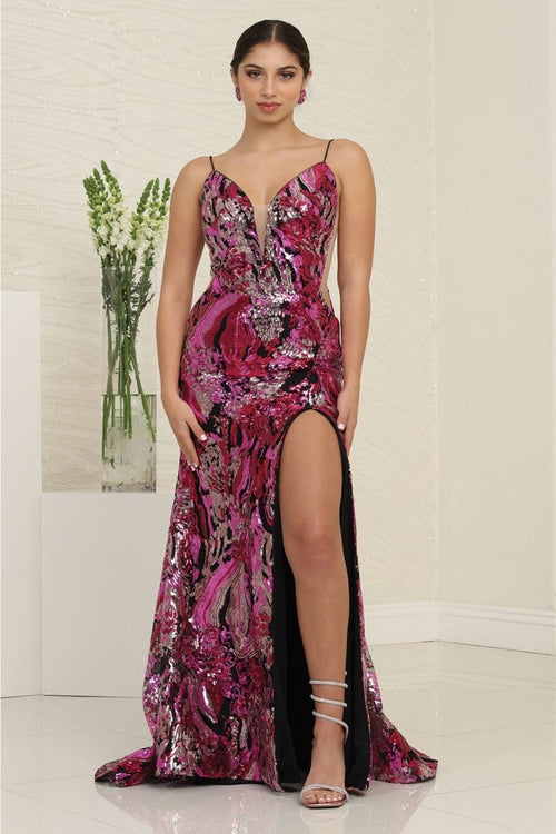 Royal Queen RQ8141 Sparkling Sequin Sheath Prom Gown with High Slit