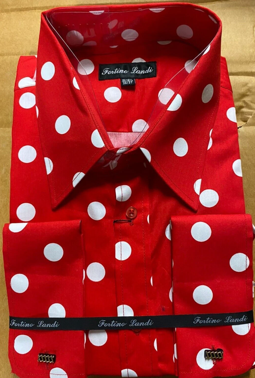 Mens Fashion Polka Dot Dress Shirt β Red White Cotton French Cuff Design