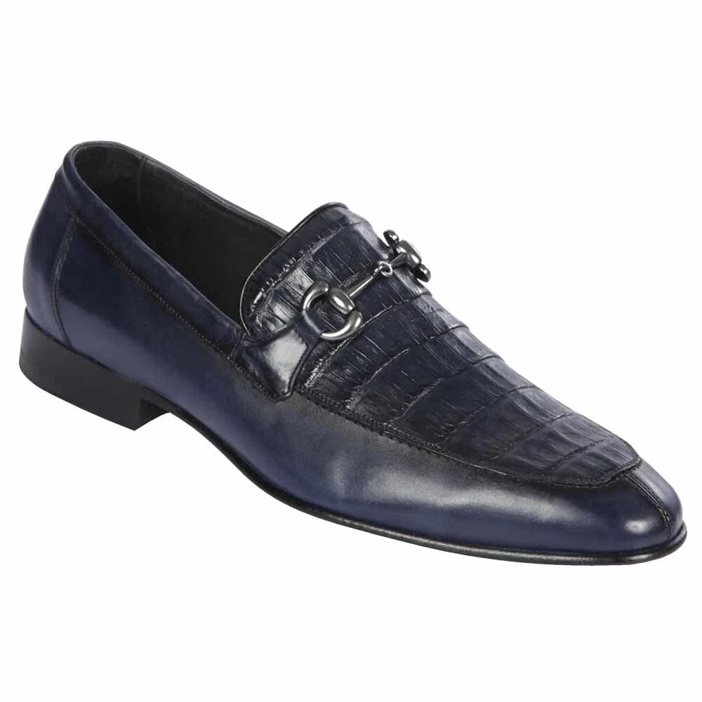 Men’s Prestige Navy Slip-On Shoes – Genuine Crocodile & Calfskin Fusion – SuitUSA