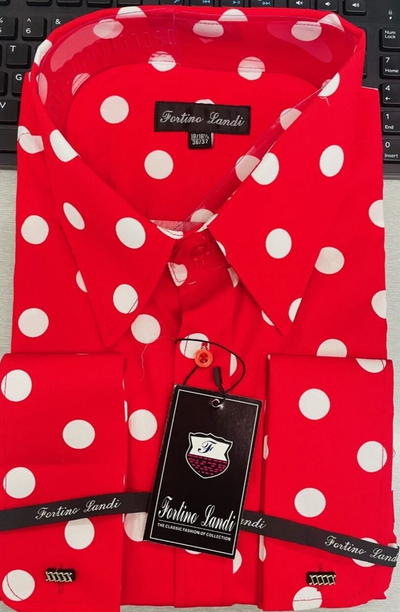 Mens Fashion Polka Dot Dress Shirt – Red White Cotton French Cuff Design