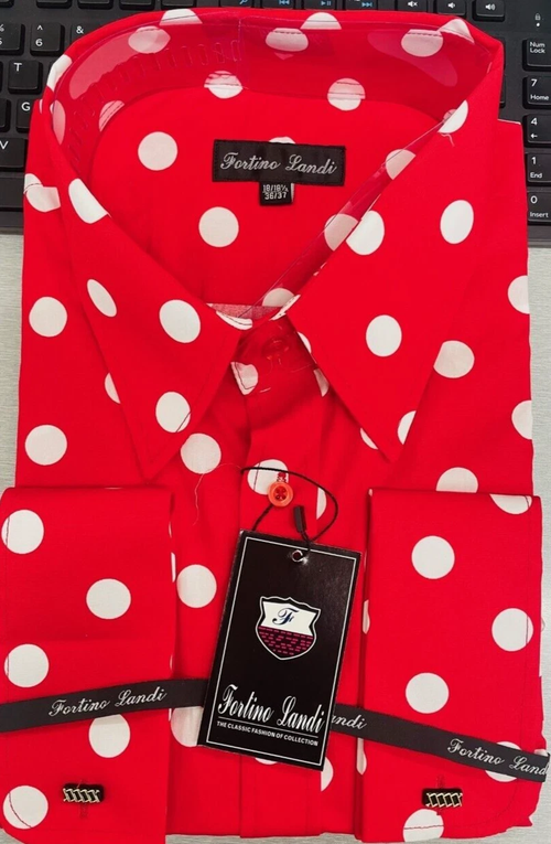 Mens Fashion Polka Dot Dress Shirt β Red White Cotton French Cuff Design