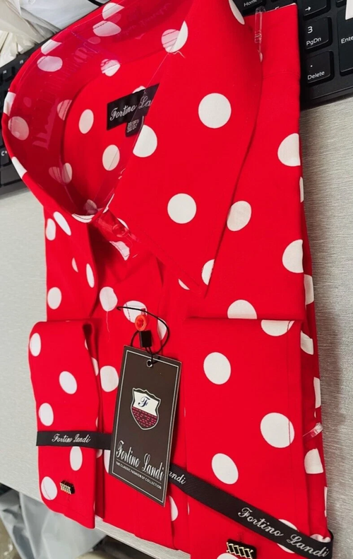 Mens Fashion Polka Dot Dress Shirt β Red White Cotton French Cuff Design