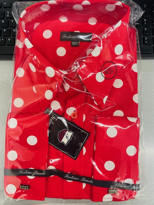 Mens Fashion Polka Dot Dress Shirt β Red White Cotton French Cuff Design