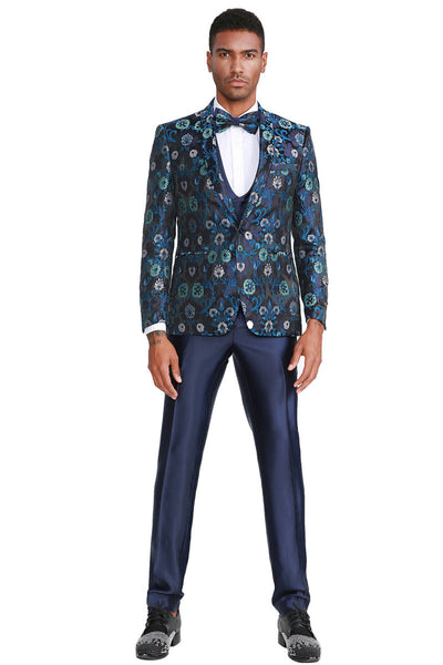 Floral Print Men's Tuxedo with Satin Vest - Navy Blue Prom & Wedding Suit by Tazzio