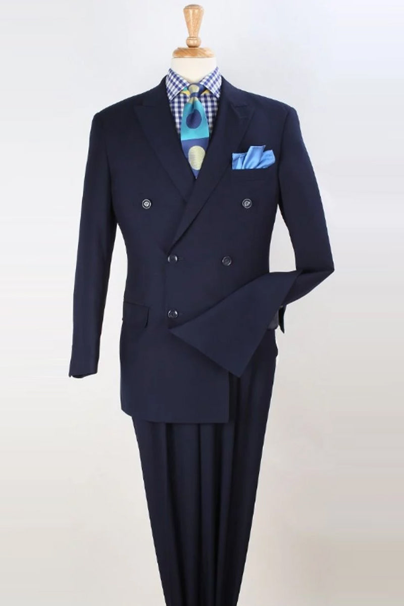 Mens Classic Double Breasted Luxury Wool Feel Suit in Navy by Apollo King