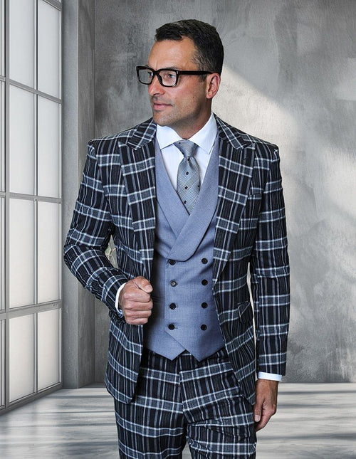 Saboo by Statement Mens Modern Fit 3 Piece 100% Wool Plaid Suit β Peak Lapel, Double Breasted Vest