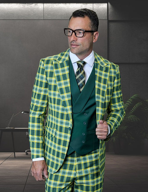 Saboo by Statement Mens Modern Fit 3 Piece 100% Wool Plaid Suit β Peak Lapel, Double Breasted Vest