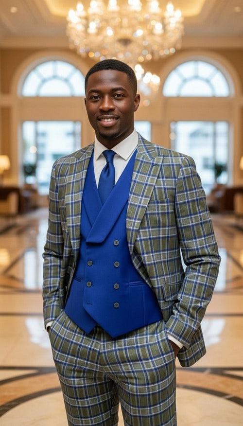 Saboo by Statement Mens Modern Fit 3 Piece 100% Wool Plaid Suit β Peak Lapel, Double Breasted Vest