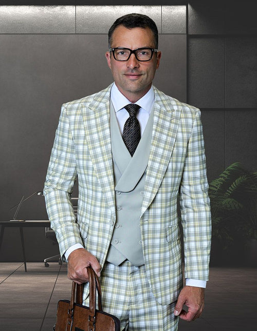 Saboo by Statement Mens Modern Fit 3 Piece 100% Wool Plaid Suit β Peak Lapel, Double Breasted Vest