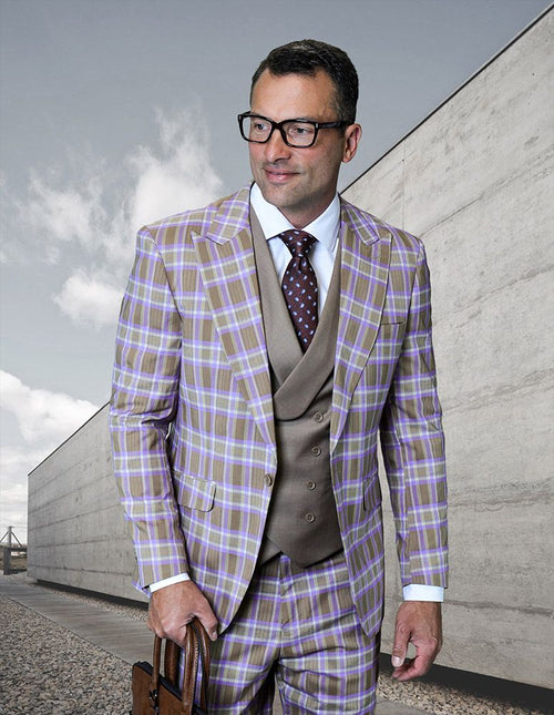 Saboo by Statement Mens Modern Fit 3 Piece 100% Wool Plaid Suit β Peak Lapel, Double Breasted Vest