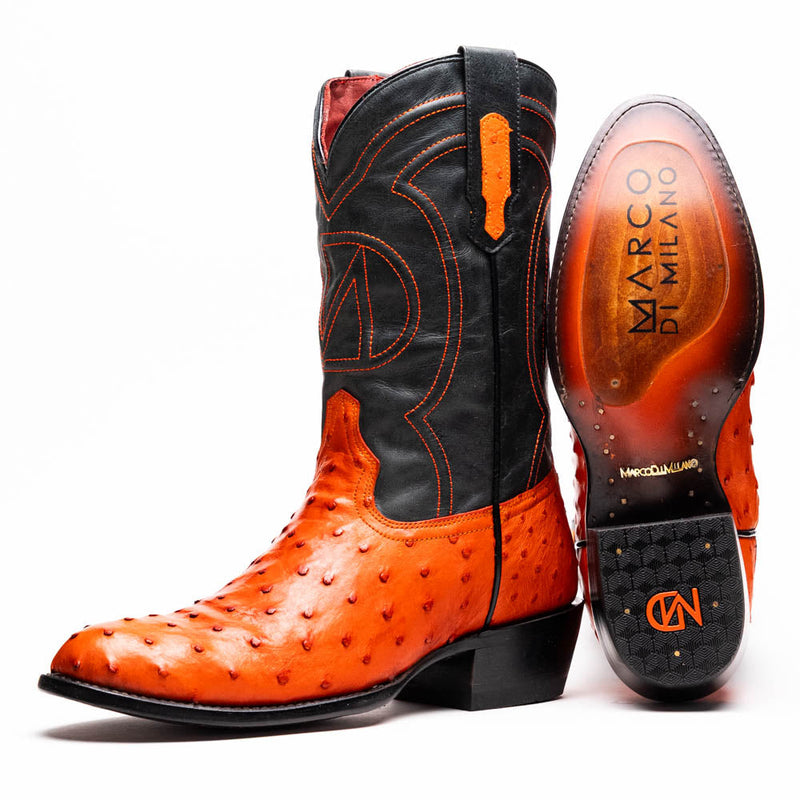 Marco Di Milano Savannah Orange Ostrich Quill Round Toe Cowboy Boots