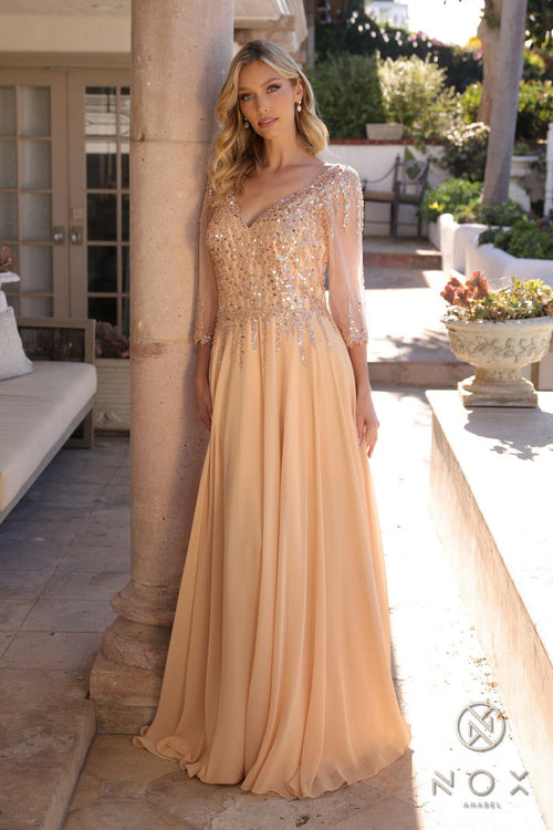 Nox Anabel MF100 Beautiful Sequin Bodice 3/4 Sleeve A-line Gown