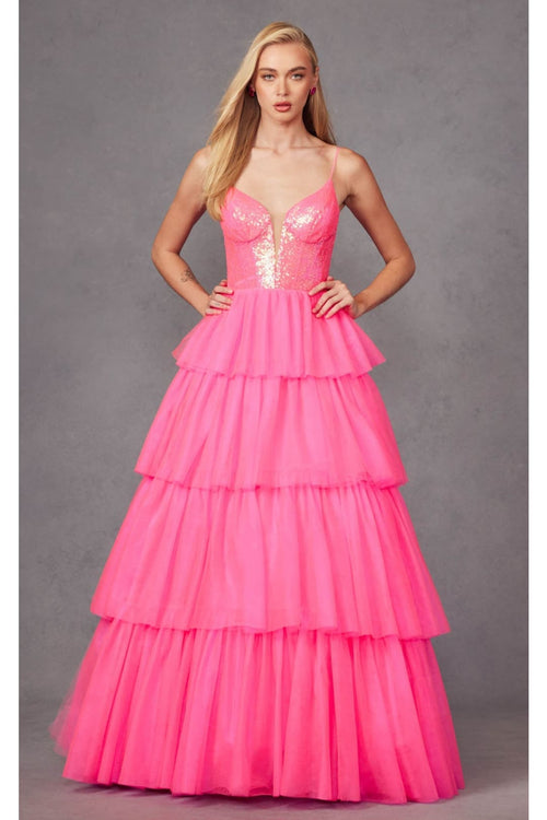 Sequin Bodice Sleeveless A-Line Ruffled Prom Gown by Juliet JT2457H