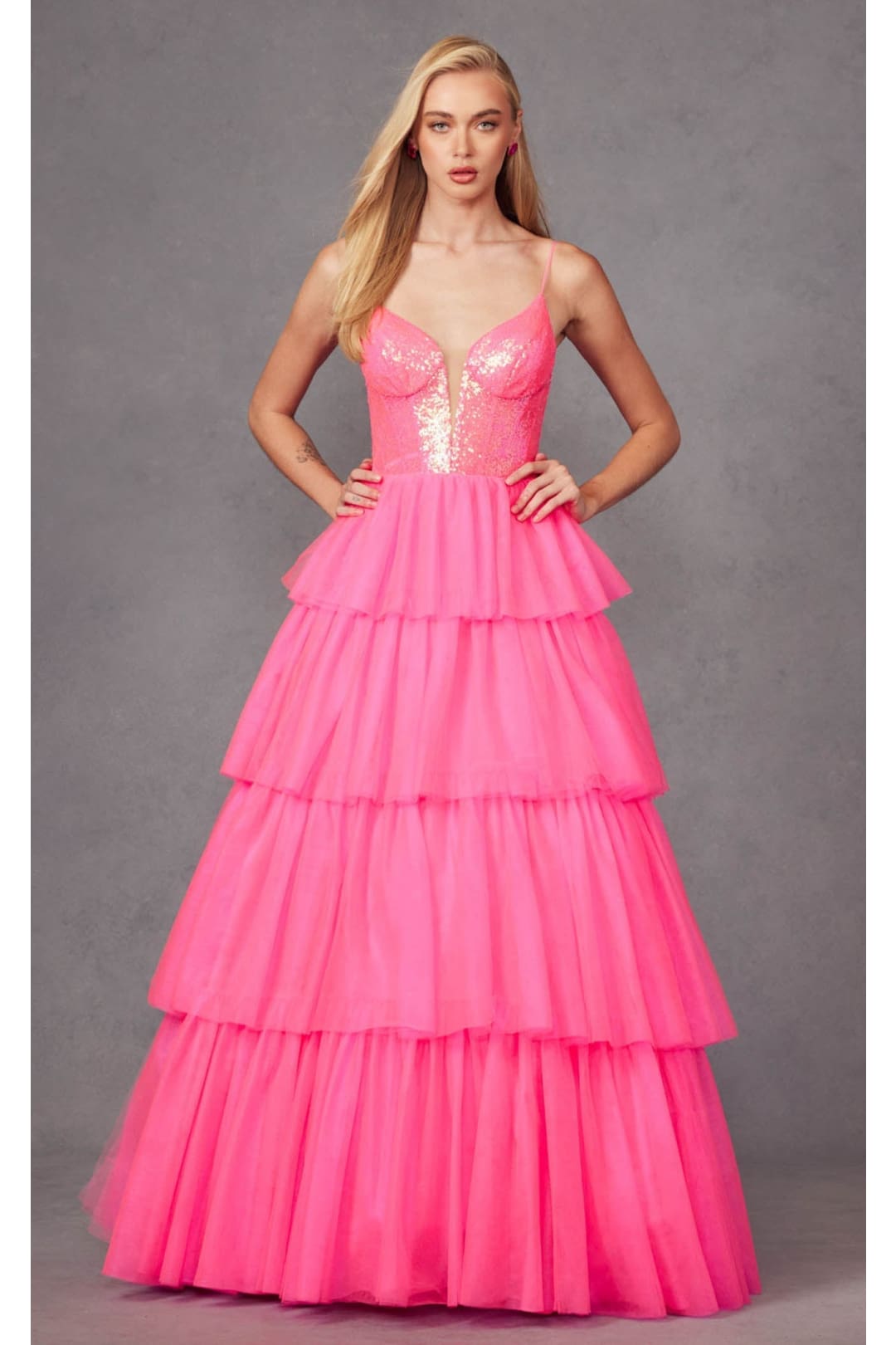 Sequin Bodice Sleeveless A-Line Ruffled Prom Gown by Juliet JT2457H