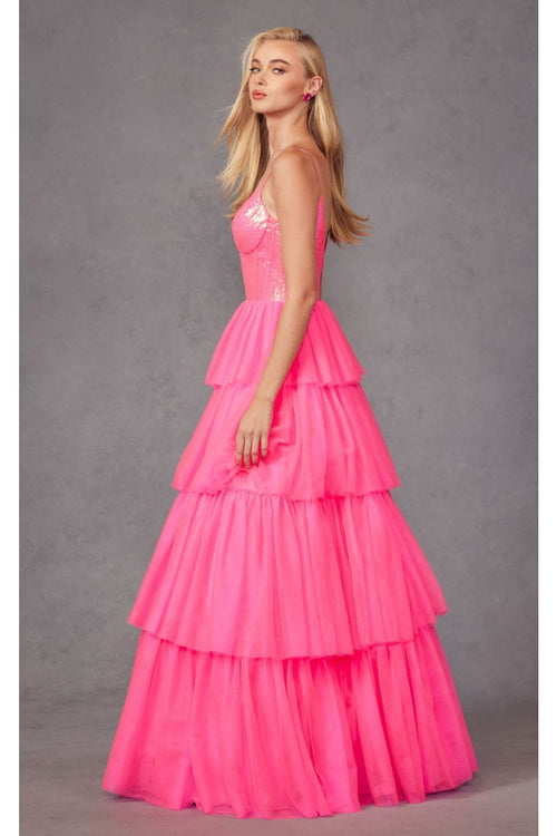 Sequin Bodice Sleeveless A-Line Ruffled Prom Gown by Juliet JT2457H