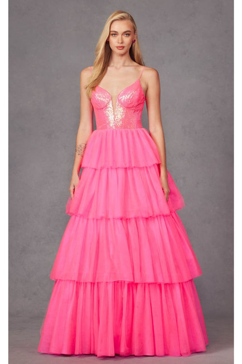 Sequin Bodice Sleeveless A-Line Ruffled Prom Gown by Juliet JT2457H