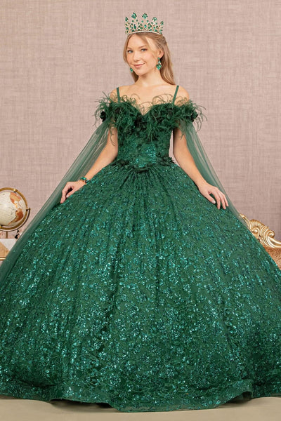 Sequin Cape Sleeve Feather Ball Gown by Elizabeth KGL3169