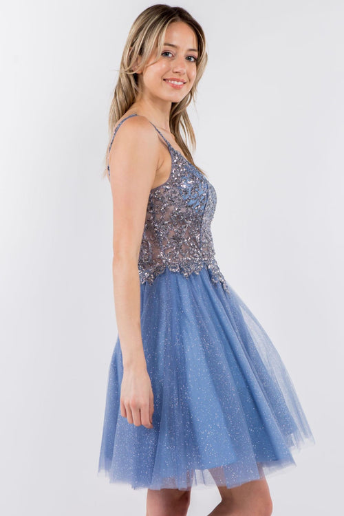 Short Sheer Bodice Glitter Dress by Elizabeth KGS1967
