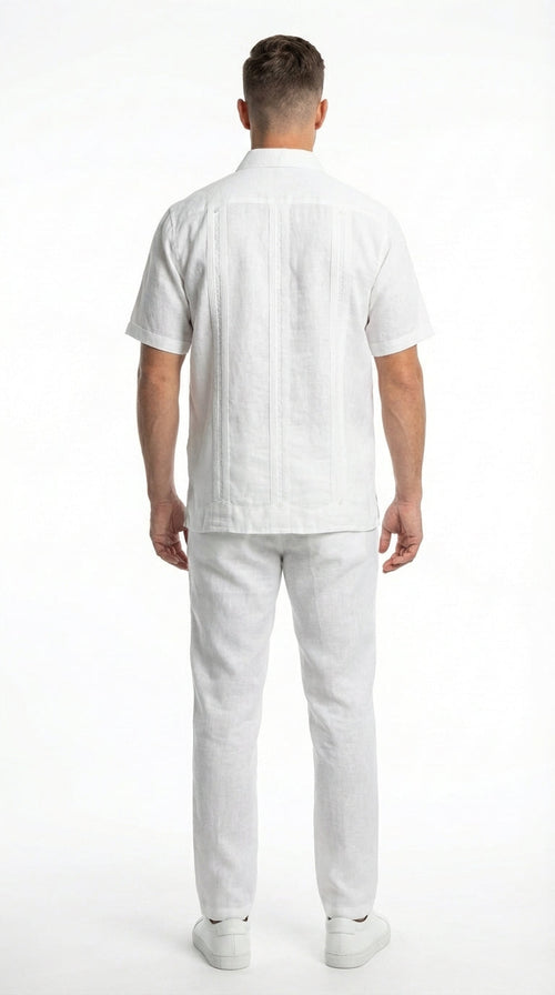 Mens White Embroidered Walking Suit Set ā Short Sleeve Shirt and Pants Casual Summer Outfit for Vacation, Beach and Everyday Wear