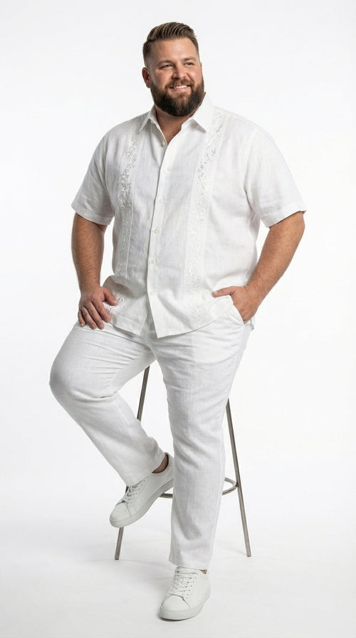 Mens White Embroidered Walking Suit Set ā Short Sleeve Shirt and Pants Casual Summer Outfit for Vacation, Beach and Everyday Wear