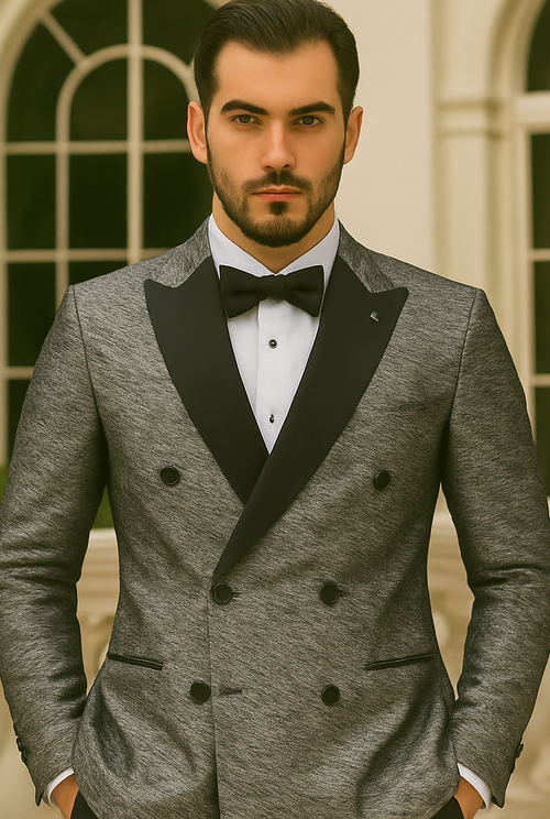 Silver Double Breasted Rough Streak Pattern Satin Peak Lapel Stacy Adams Men's Jacket