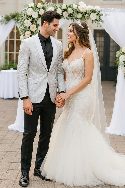 Silver Paisley Tuxedo Jacket with Shawl Lapel β Slim Fit