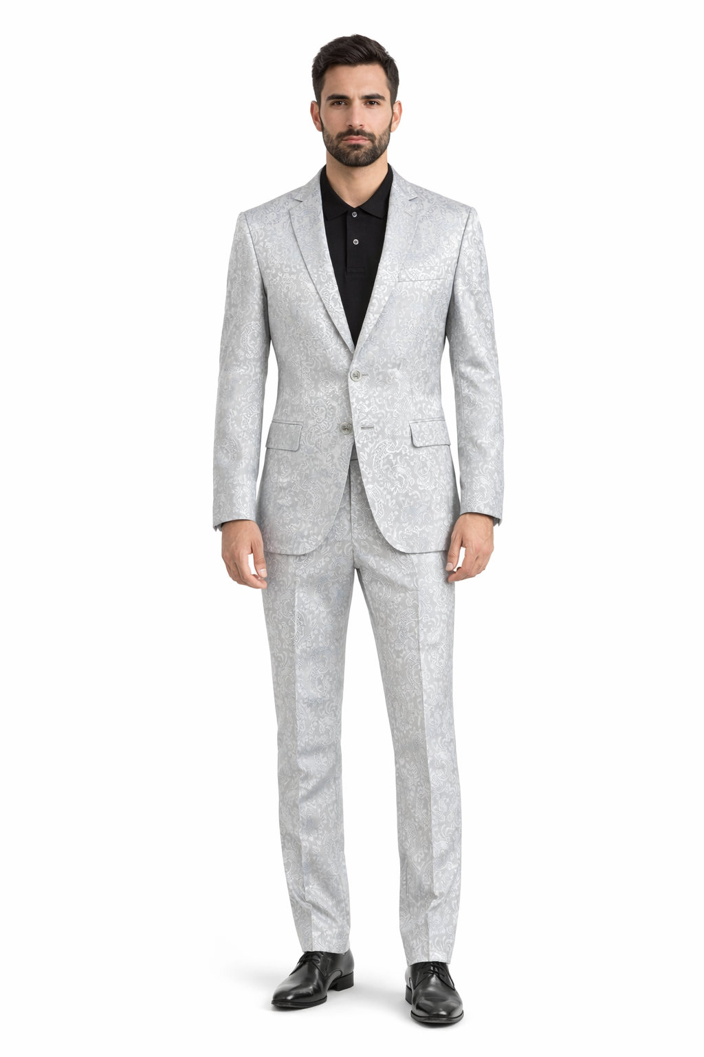 Men's Fortino Landi Silver Prom 2026 Suit Platinum luminous, silvery-white Color With Stage Slim Fit Shiny Paisley & Wedding Grey 36 Regular
