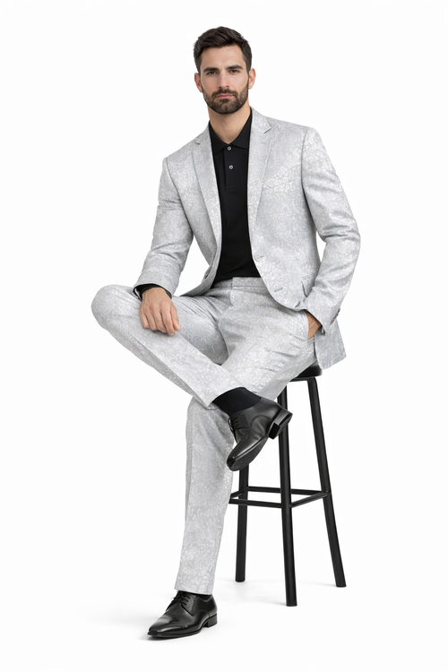 Silver Prom Suit - Platinum Color With Stage Suit MEN'S SLIM FIT SHINY PAISLEY PROM & WEDDING SUIT IN SILVER GREY