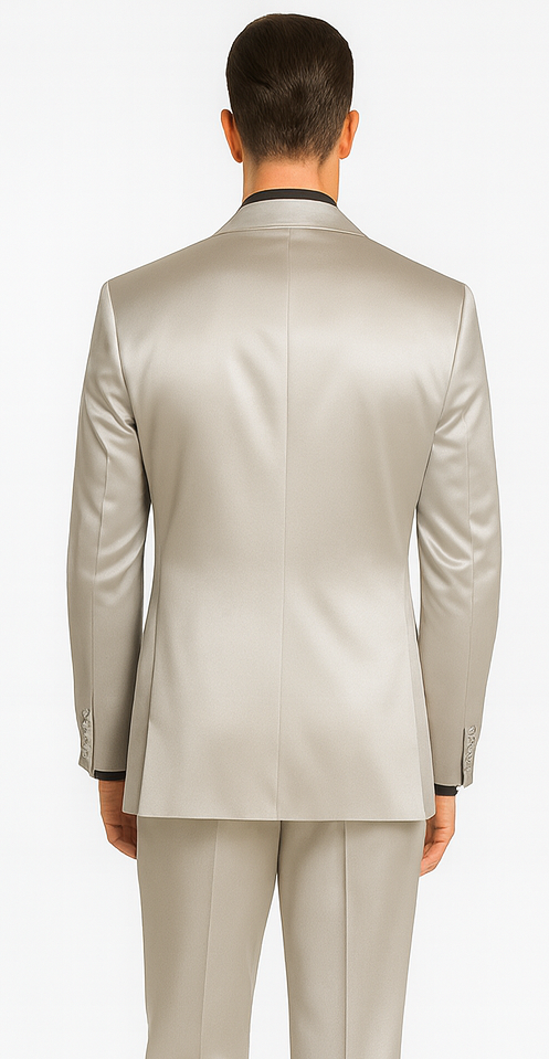 Silver Satin Slim Fit 3 Piece Tazzio Men's Suit with Peak Lapel Jacket β Modern Design