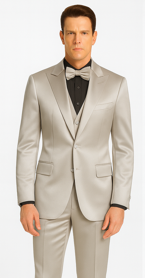 Silver Satin Slim Fit 3 Piece Tazzio Men's Suit with Peak Lapel Jacket β Modern Design