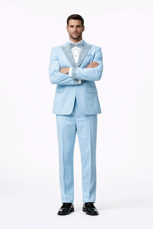 Sky Blue Prom Tuxedo - Perfect Wedding Suit Vested Rhinestone Lapelled by USA Men's Outlet