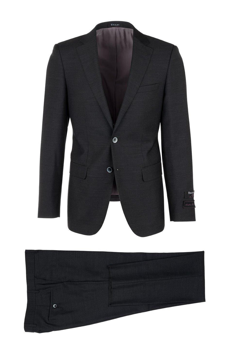 Tiglio Italian Suit - Real Wool Fabric Super 150's Porto Slim Fit Suit, Pure Wool Suit in Color Black
